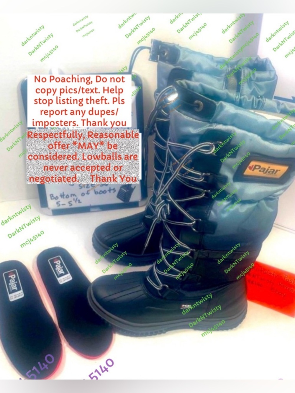 BNIB PAJAR BOOTS. Size on boot says 6
while tag on bottom says 5-5.5